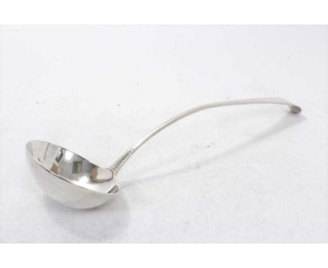 George III silver Old English pattern soup ladle, with oval bowl and bright cut decoration, engraved armorial crest (London 1
