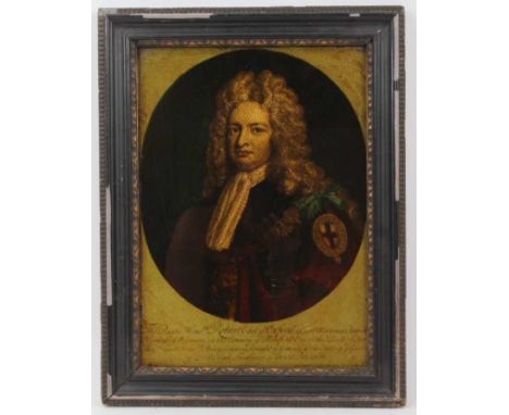 Georgian style reverse print on glass, depicting Robert, Earl of Oxford, in ebonised frame, total size 43 x 33cm