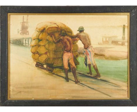 *Gerald Spencer Pryse (1882-1956) watercolour - 'Loading Groundnuts on the wharf at Burutu', titled to exhibition label verso