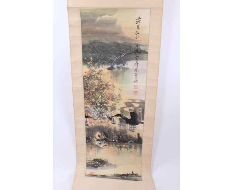Chinese scroll painting, depicting birds and blossom, signed, image 145 x 45, together with two further oriental scrolls