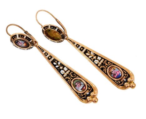 Pair of 19th century Swiss gold and enamel earrings, each with a pendant drop decorated with a polychrome enamel portrait min