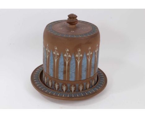 Large Victorian jasperware cheese dome, possibly Wedgewood, decorated with a sprigged foliate pattern in blue and white on a 