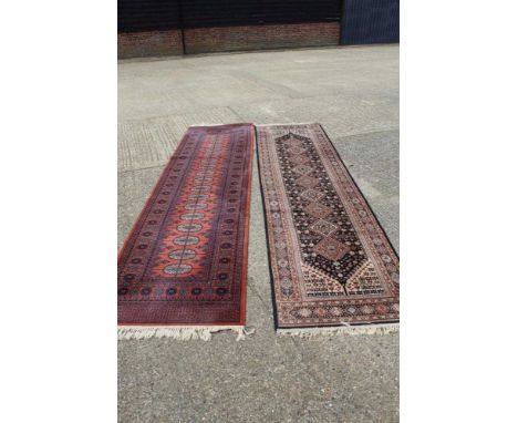 Bellouche style runner, with row of seventeen quartered guls in geometric borders, 350 x 91cm, and another runner with row of