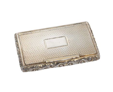 Early Victorian silver snuff box of rectangular cushion form with engine turned decoration, vacant central cartouche and scro