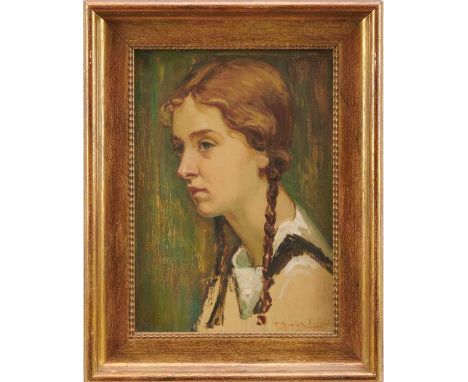 Thomas Bonar-Lyon (1873-1955) oil on panel, portrait of a young girl with plaited hair, signed, 29cm x 20.5cm, in glazed gilt