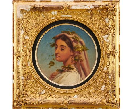 Joshua Hargrave Sams Mann (1826 - 1886) oil on artist board - circular portrait of an Italian peasant girl wearing a head sca