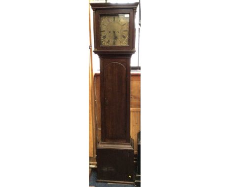 Late 18th century 8 day longcase clock by Edward Barrow, Foulsham, the 11" square brass dial with cast spandrels and engraved