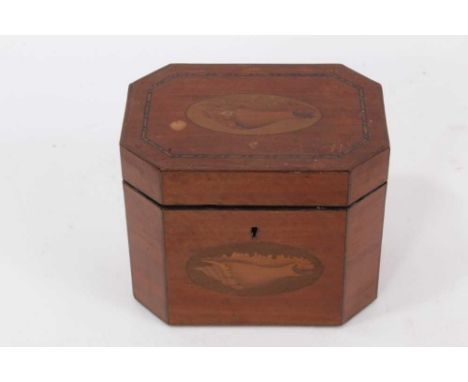 Georgian style inlaid satinwood tea caddy, of canted rectangular form with shell paterae, 12.5cm wide