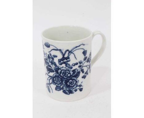 A Caughley blue and white mug, printed with floral sprays, C mark to base, 8.5cm highIn good condition with no damage. 