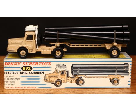 French Dinky Supertoys (France) 893 Unic Sahara tractor with windows, beige cab with white roof, beige semi-trailer with six 