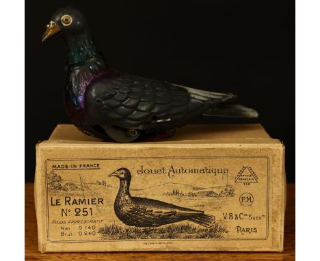 An early 20th century Fernand Martin/Victor Bonnet (V.B &amp; Cie, Paris) No.251 Le Ramier jouet automatique Pigeon tinplate 