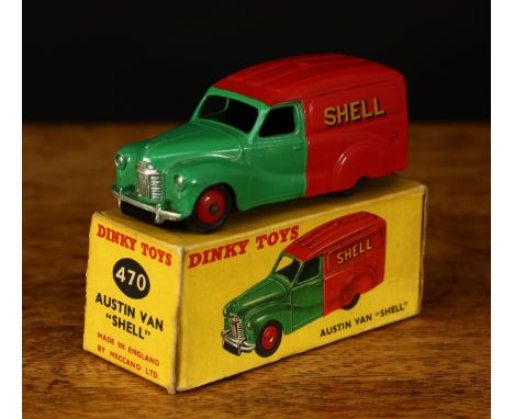 Dinky Toys 470 Austin 'Shell/BP' van, green and red body with decals to sides and rear, red ridged hubs, boxed - yellow pictu