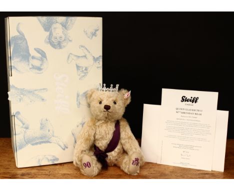 Steiff (Germany) EAN 690020 Queen Elizabeth II 90th Birthday teddy bear, trademark Steiff button to ear with red and white ta