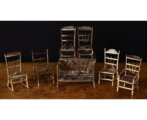 Folk Art - a collection of Victorian dolls house miniature furniture, comprising of four dining chairs, one carver, one rocki