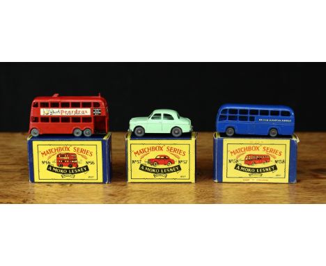 Matchbox Moko Lesney ‘Regular Wheels’ issues, comprising No.56 London Trolley Bus, read body with ‘DRINK PEARDRAX’ decals to 