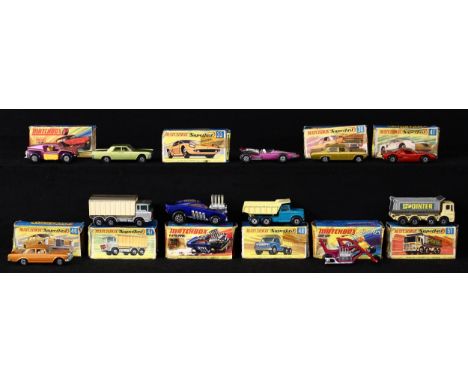 Matchbox ‘Superfast’ models, comprising No.30d Beach Buggy, light metallic purple body with yellow splash marks, orange inter