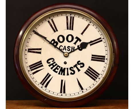Advertising - a Victorian mahogany circular wall clock, 29cm circular enamel dial inscribed 'BOOTS CASH CHEMISTS', Roman nume