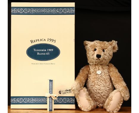 Steiff (Germany) EAN 406058 replica 1909 Blond 65 teddy bear, trademark Steiff button to ear with black and white tag, 65cm h