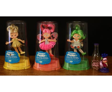 Retro Toys - three 1970's Ideal No.0154-5 Spinderella Flatsy pull string dolls, in pink, green and yellow, each 17cm high, ea