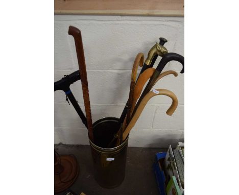 BRASS STICK STAND AND VARIOUS WALKING STICKS