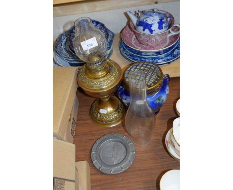 SMALL BRASS OIL LAMP AND ROSE BOWL ETC