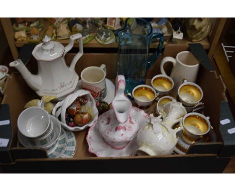 BOX CONTAINING QUANTITY OF MAINLY CERAMIC TEA WARES, SOME CONTINENTAL AND GLASS JUG