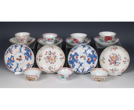 China, collection of Imari and famille rose porcelain cups and saucers, Qianlong period (1736-1795), comprising a set of two 