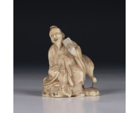 Japan, marine ivory netsuke, Meiji period (1868-1912), carved as an Immortal with crane, signed h. 5 cm [1]