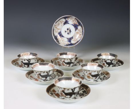 Japan, set of six Imari porcelain cups and saucers, 18th century, decorated with a bird on a flowering branch (worn), togethe