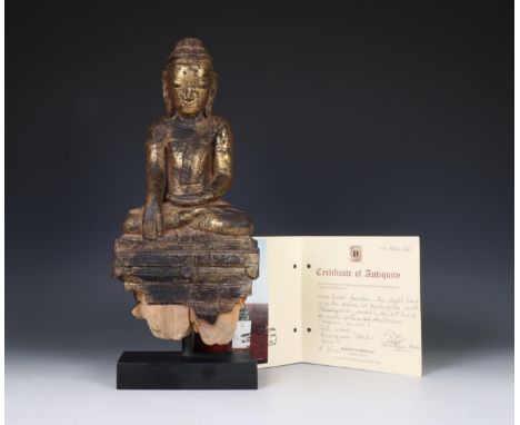 Burma, Mandalay, lacquered and gilded wooden statue of a seated Buddha Sakyamuni, Amarapura Period, 18th century,  with remna
