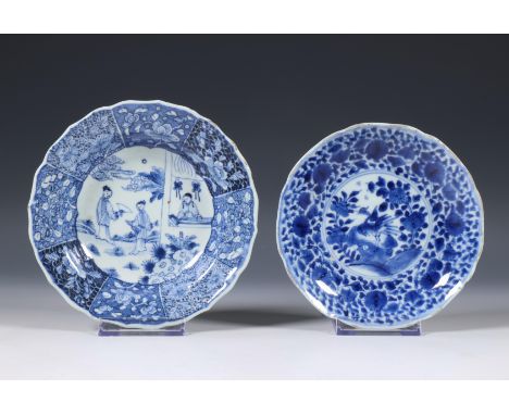 China, two blue and white porcelain saucers, 18th-19th century, one decorated with ladies dancing to the tunes of a gentlemen