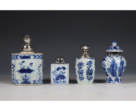 China, four blue and white silver-mounted porcelain caddies, Kangxi period (1662-1722)- 18th century, the silver later, compr