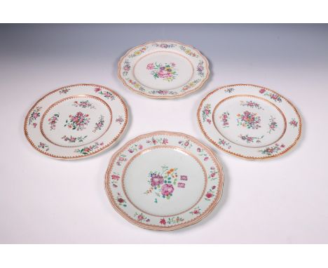 China, four large famille rose porcelain 'Lowestoft' plates, 18th century, the sculpted plated variously decorated with flowe