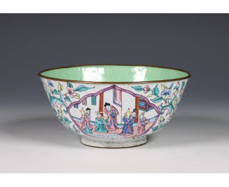 China, cloisonné enamel bowl, 20th century, decorated with cartouches enclosing figures surrounded by lotus scrolls, with apo