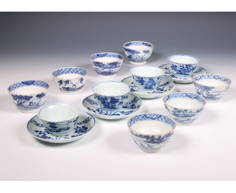 China, collection of blue and white porcelain cups and saucers, 18th century, comprising a set of seven cups painted with a h