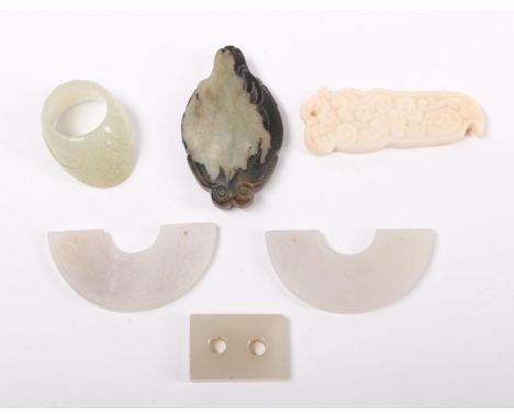 China, small collection of jade carvings, comprising an archer's ring, a pendant and four various tablets l. 6,5 cm max. [6]