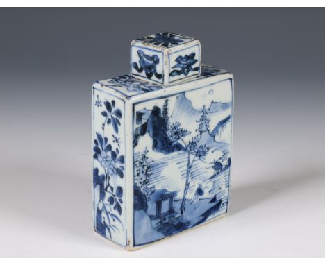 China, blue and white porcelain rectangular tea-caddy and cover, 18th century, one side painted with figures in a river-lands