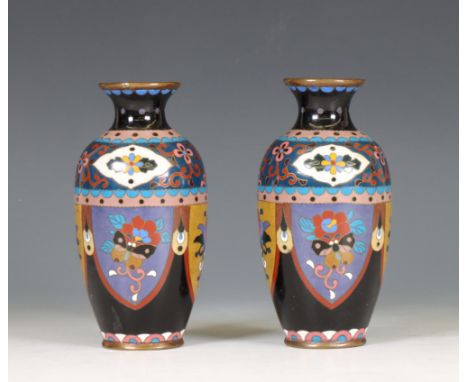 Japan, pair of cloisonné enamel vases, Meiji period (1868-1912) each inlaid with floral panels, the interior and base in turq