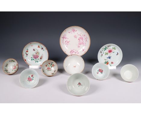 China, collection of famille rose porcelain cups and saucers, Qianlong period (1736-1795), comprising two café-au-lait-glazed