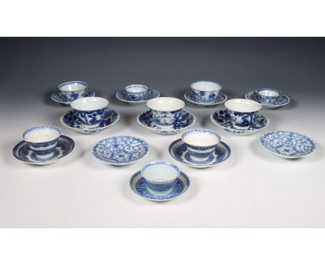 China, collection of blue and white porcelain cups and saucers, Kangxi period (1662-1722) and later, comprising a set of six 