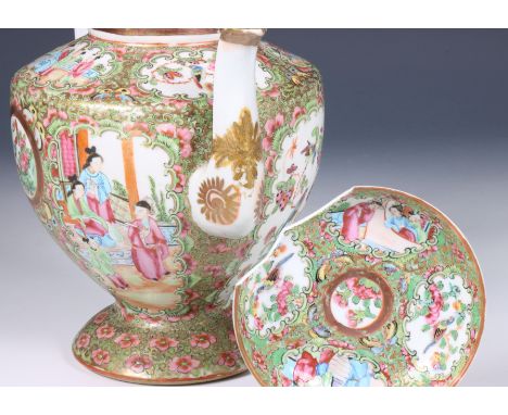 China, Canton famille rose porcelain tea-service, ca. 1900, each piece densely decorated with figures and panels of flowers o