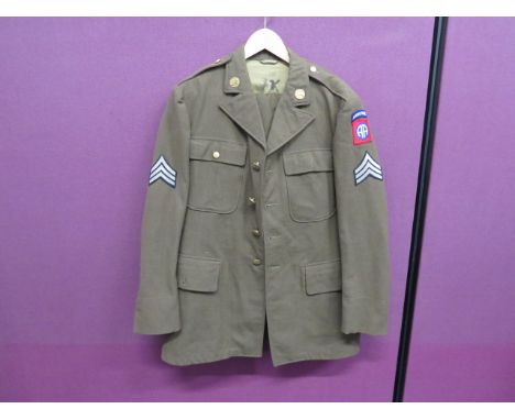 WW2 American 82nd Airborne Sergeant's Tunic and Trousers khaki, single breasted, open collar tunic.  Patch chest pockets and 