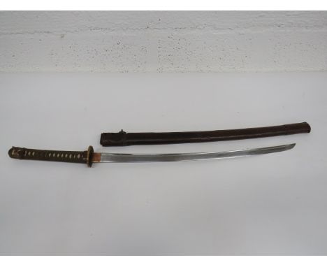 Japanese Officer's Showa Katana Sword With Signed Tang 27 inch single edged blade with long deep fuller. Copper habaki. Signe