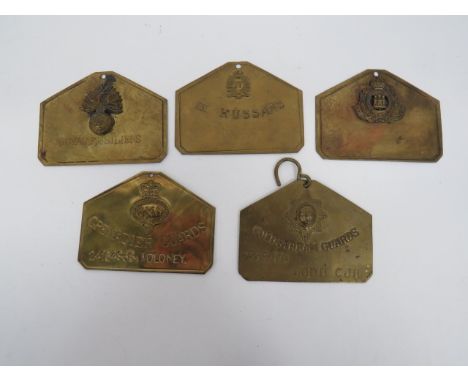 Five Various Military Bed Plates consisting brass Tudor crowned IV Hussars ... Brass KC Suffolk Reg with applied badge ... Br