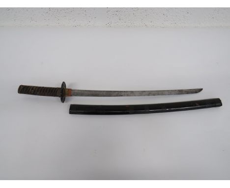 Japanese Wakizashi Short Sword 21 1/2 inch, single edged blade (minor old pitting).  Brass and copper habaki.  Cast steel tsu