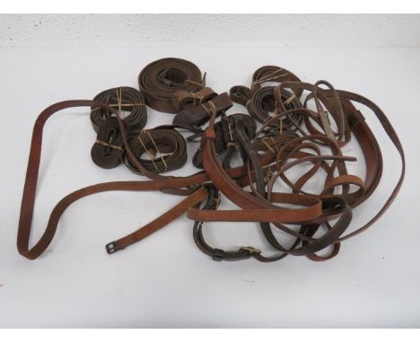 Pair WW1 Canadian Cavalry Horse's Reins long brown leather reins with brass end buckles.  Maker's stamp dated '1914' with Can