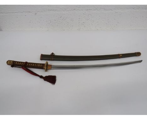 Japanese Officer's Showa Katana Sword with Signed Tang 27 1/2 inch single edged blade. Copper habaki. Signed tang 'Mantetsu S