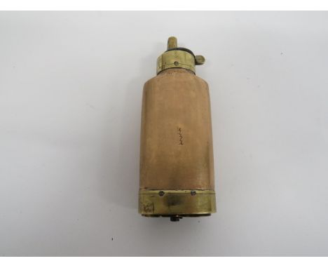 19th Century 'Batty' Three Way Powder Flask copper body with brass top and plain nozzle.  Exposed operation spring.  Brass ba