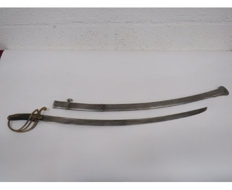 Polish Cavalry Sword 33 inch, single edged, slightly curved blade. Large fuller. Brass triple bar knuckle guard with downswep