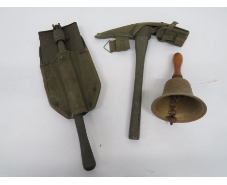 Small Selection of Various Equipment WW2 issued hand bell.  Cast white metal bell with internal broad arrow stamp.  Steel cha